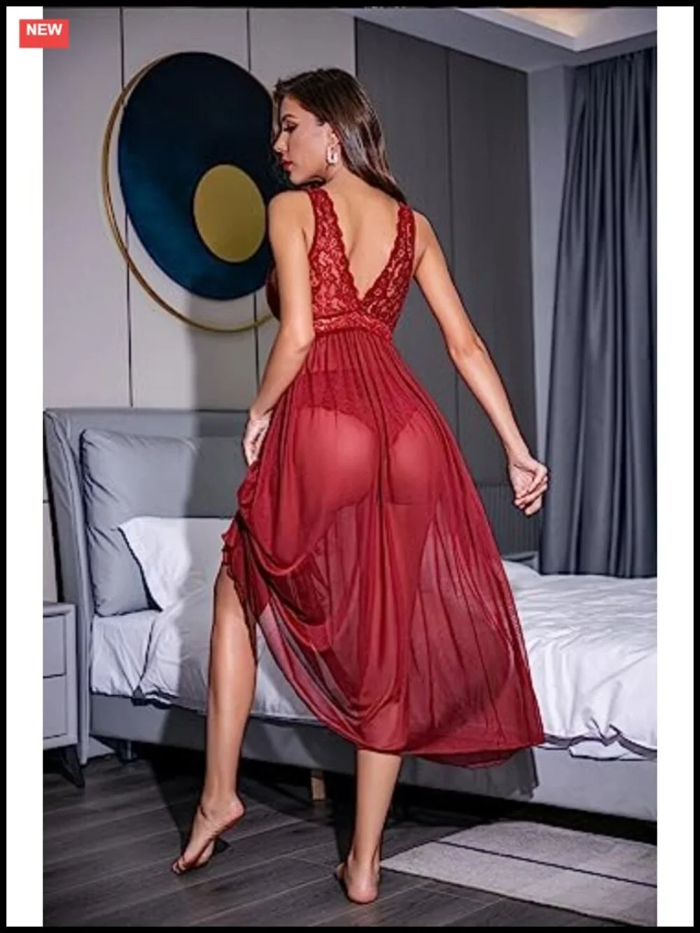 Women Long Lace Babydoll Lingerie V Neck Mesh Chemise Sleepwear